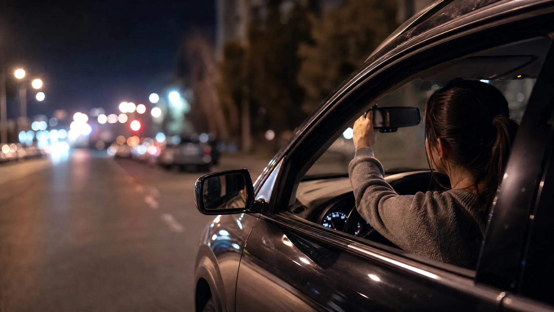 A woman seen from behind sits in the driver's seat of a car at night, reaching up to adjust the rearview mirror, with blurred street lights and parked vehicles along the road in the background.