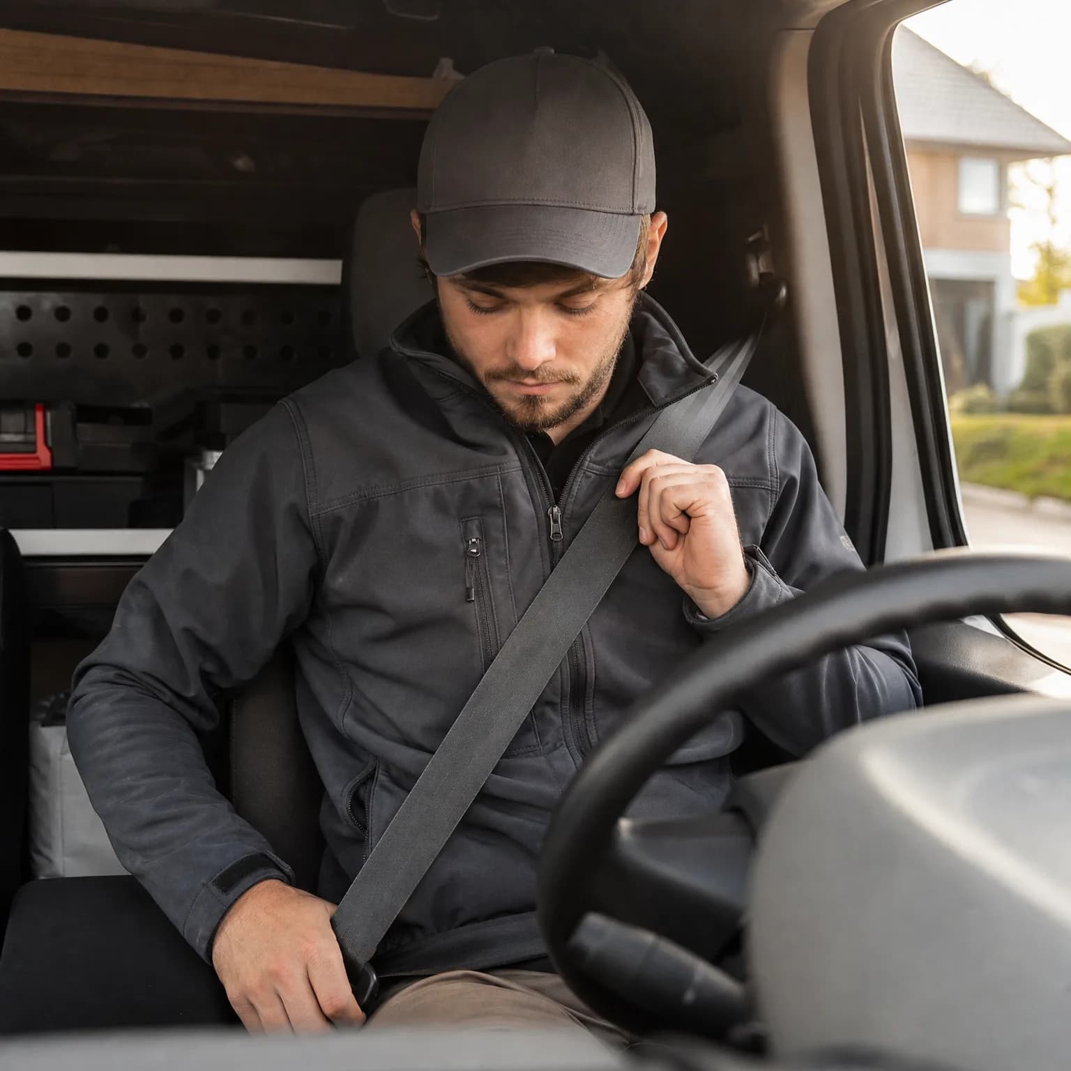 A man in a dark jacket and cap sits in a van driver's seat, looking down while fastening his seatbelt, with a steering wheel in the foreground and a house visible through the window.