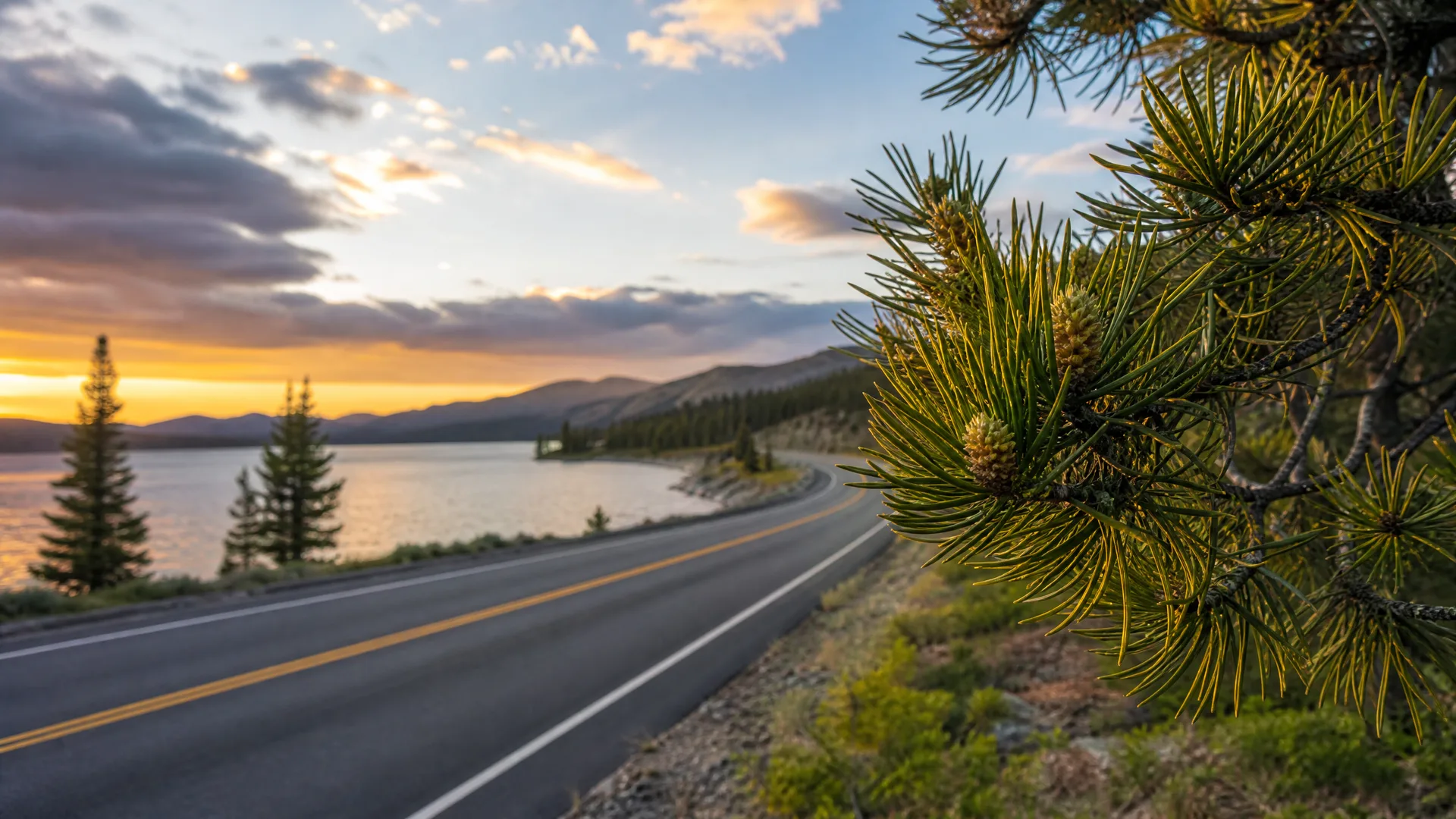 A two-lane paved road with yellow center lines curves along a lake shore at sunset, with conifers, distant mountains, and a close-up pine branch bearing cones on the right.