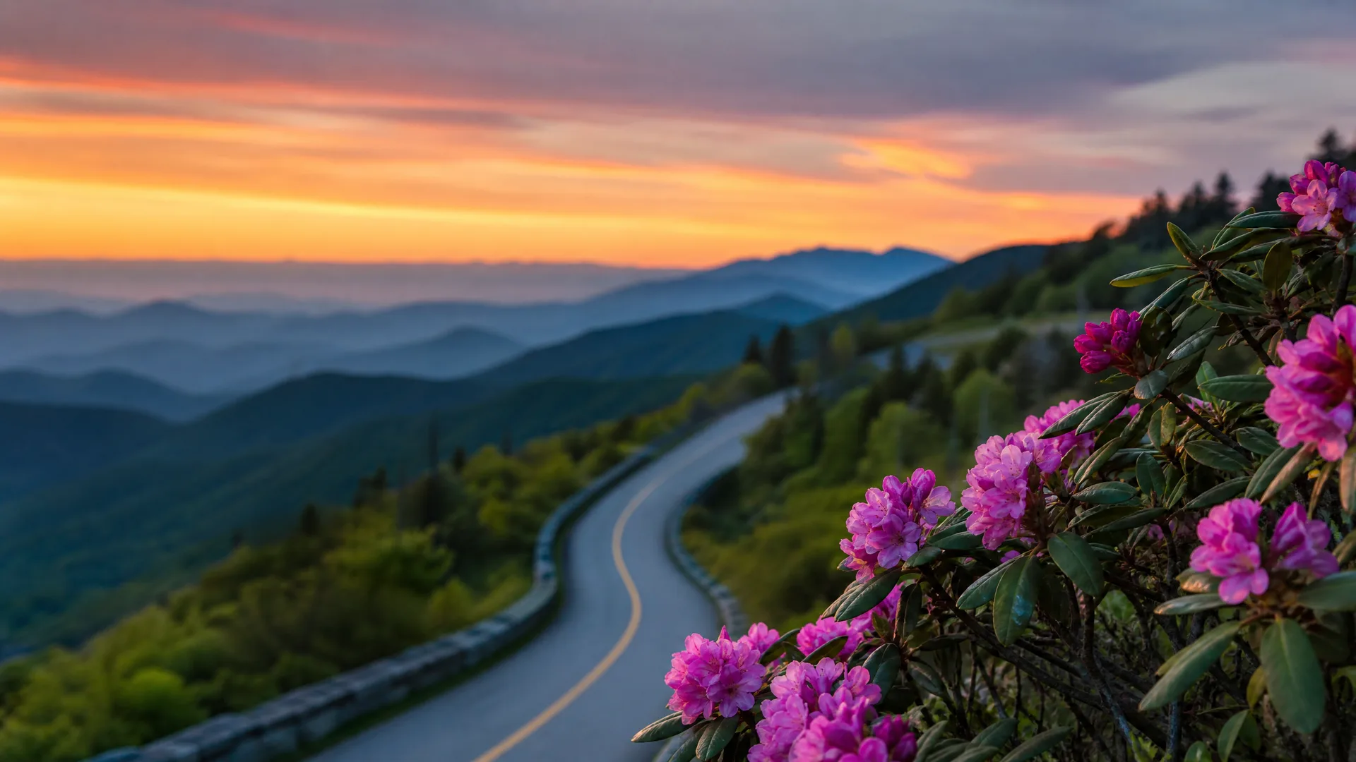 A curving two-lane road with a yellow center line winds along a forested ridge above layered blue mountain ridges at sunset, with pink rhododendron blossoms in the foreground.