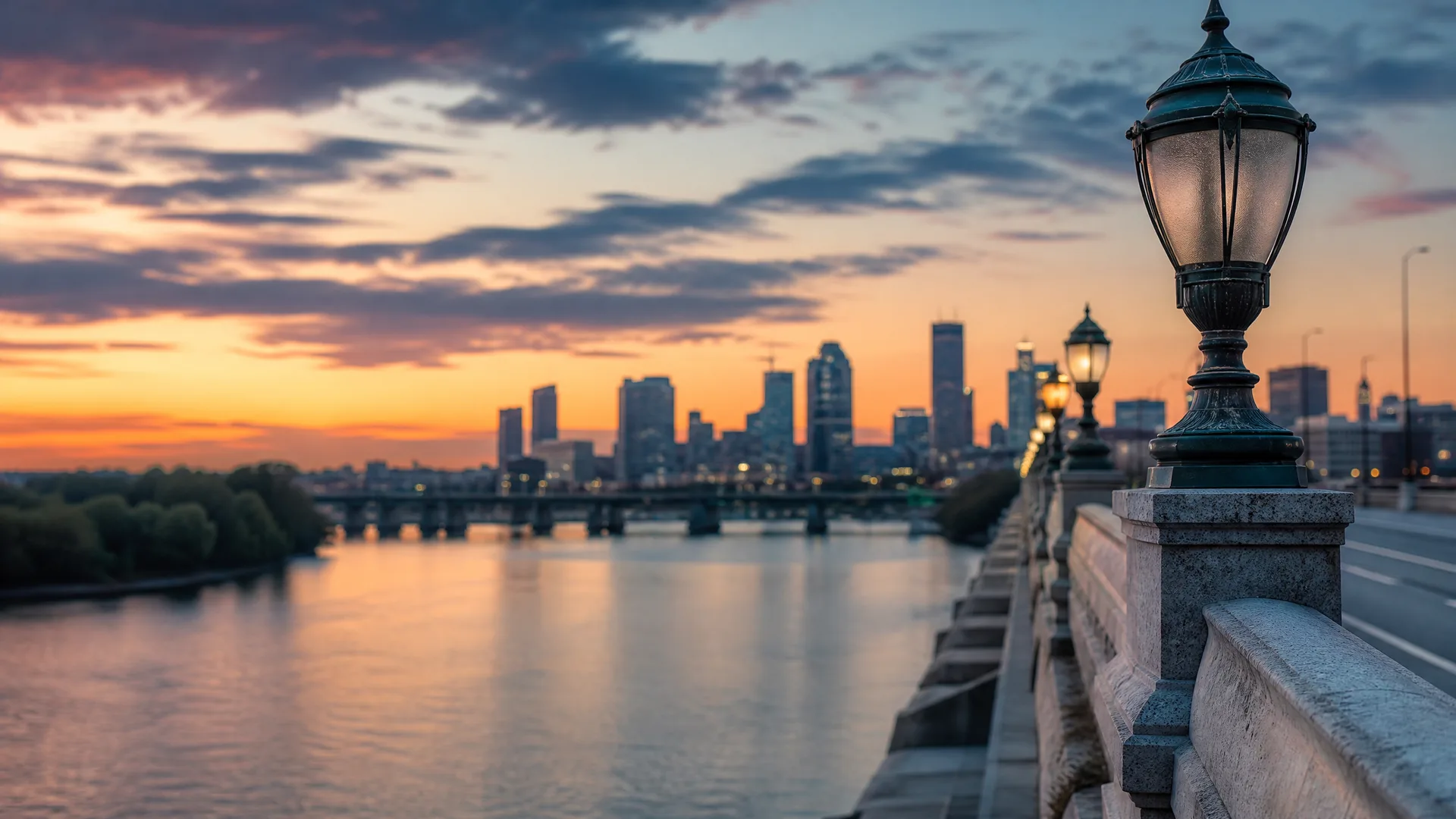 A stone bridge balustrade with an ornate lamp post in the foreground, overlooking a river and a distant city skyline at sunset.