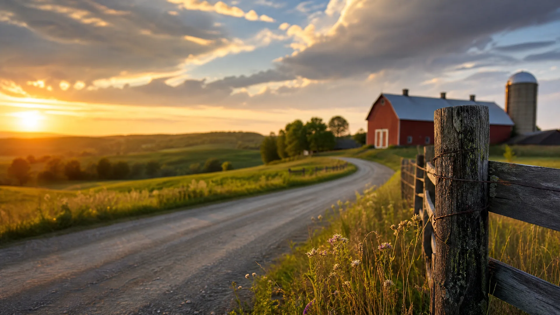 A gravel road curves through green rolling farmland at sunset, with a weathered wooden fence post in the right foreground and a red barn with a silo in the background.
