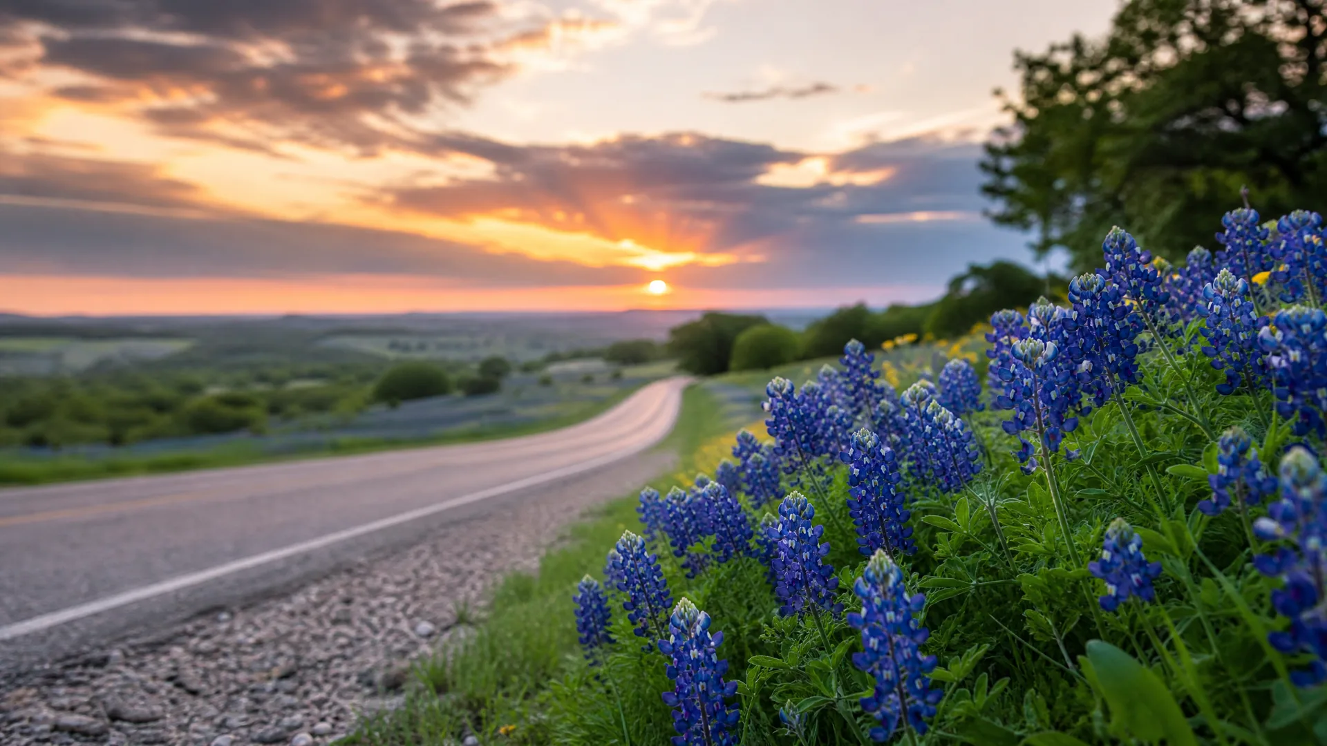 Blue lupine wildflowers in the foreground along the gravel shoulder of a two-lane road that curves through rolling green countryside at sunset.