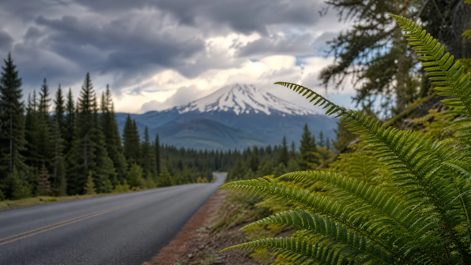 A two-lane paved road curves through conifer forest toward a snow-capped mountain under cloudy skies, with large green fern fronds in the right foreground.