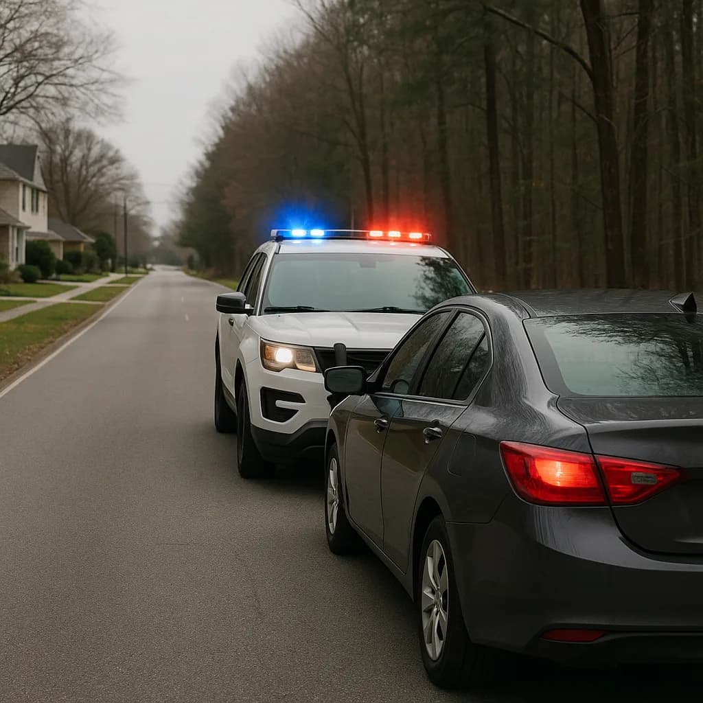 Police car with flashing lights pulling over a gray sedan on a foggy residential street