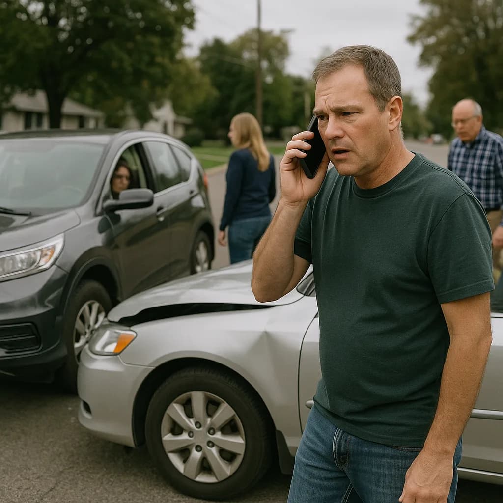 Man on phone call at car accident scene on residential street with damaged vehicles in background